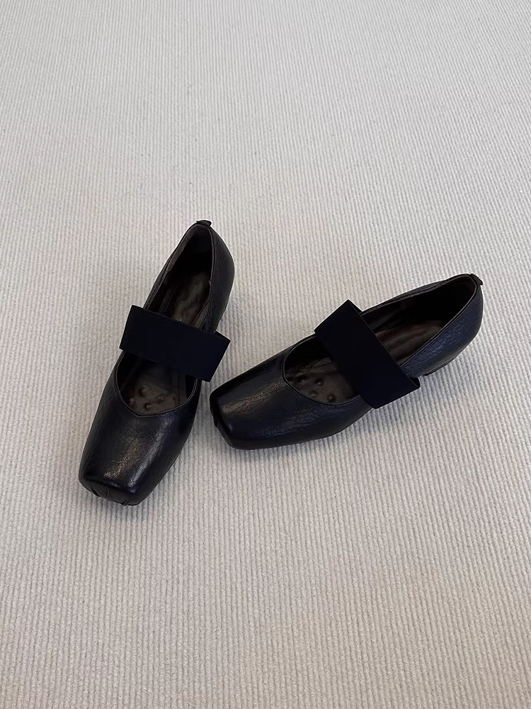 Phiên bản da bò ~ Giày Mary Jane mũi vuông bằng da thật màu đen cổ điển dành cho nữ với một dây đeo duy nhất và thiết kế mũi lợn, giày bệt tăng chiều cao