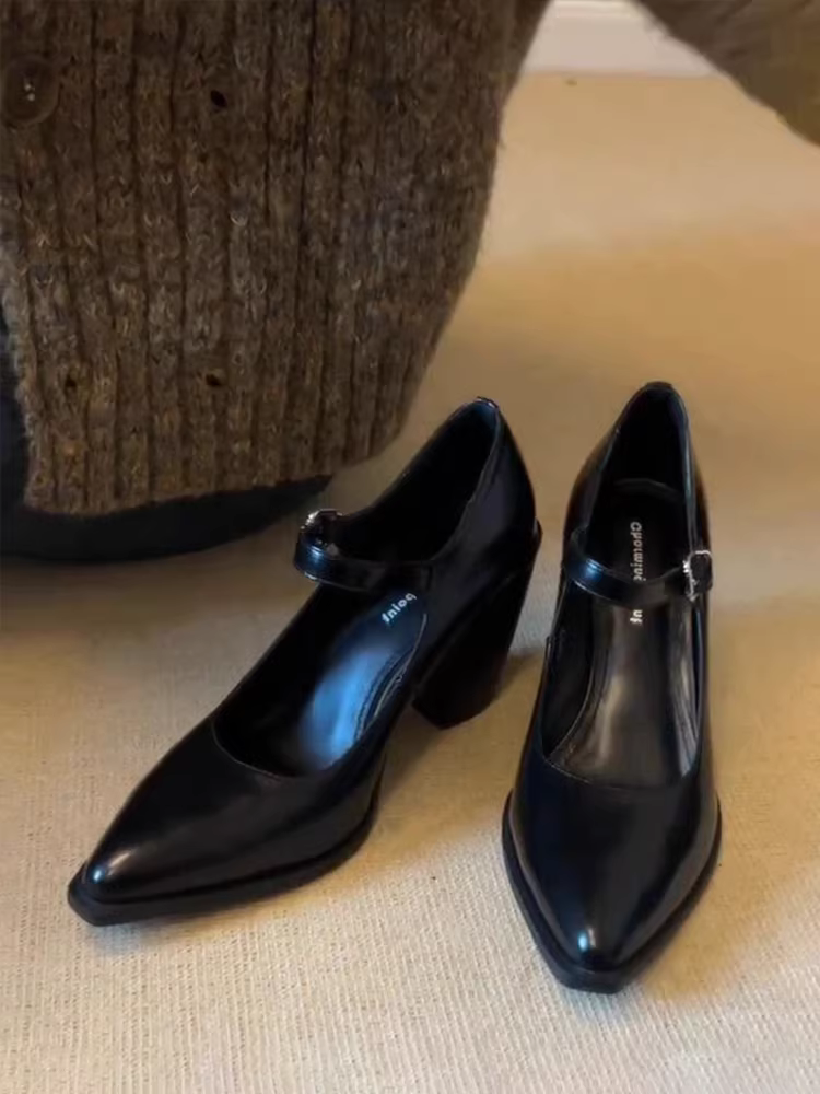 Phiên bản da cừu ~ Giày cao gót cổ điển kiểu Pháp dành cho nữ, mũi nhọn thon gọn, giày đơn da thật thanh lịch, dây đeo mắt cá chân, giày da màu đen