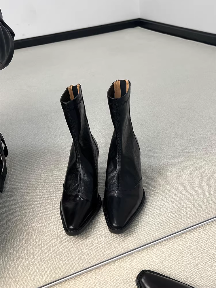 Phiên bản da cừu ~ Giày bốt da thật kiểu tối giản kiểu Pháp dành cho nữ, mũi nhọn, gót dày thanh lịch, khóa kéo phía sau, bốt ngắn co giãn
