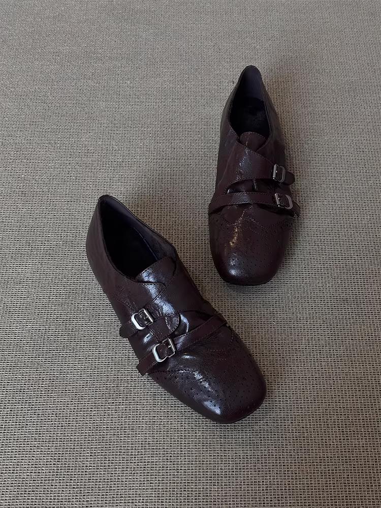 Phiên bản da cừu ~ Giày lười đế mềm thoải mái được chạm khắc thời trang dành cho nữ, giày da đế bằng mũi vuông kiểu brogue