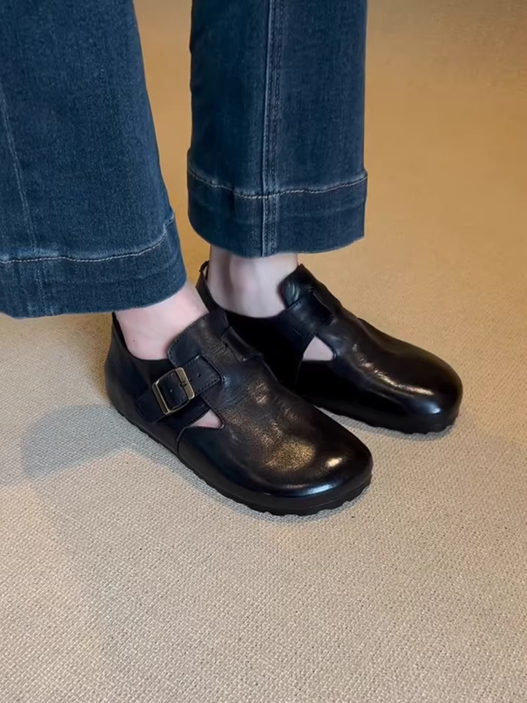 Phiên bản da cừu ~ Giày Birkenstock da thật dành cho nữ, giày da nhỏ kiểu Anh cổ điển có khóa thắt lưng, giày lười thông thường kiểu dáng đơn giản