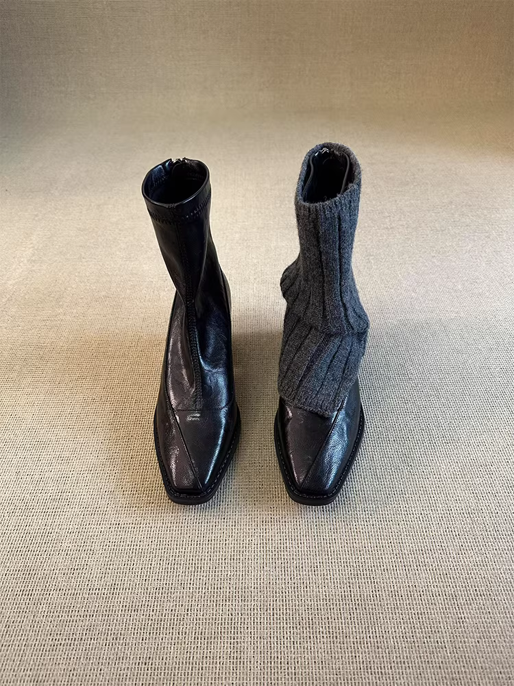 Phiên bản da bò ~ Giày bốt ngắn gót vuông mũi vuông thanh lịch và tôn dáng dành cho nữ có khóa kéo phía sau, da thật, bốt thon gọn co giãn đơn giản và thời trang.