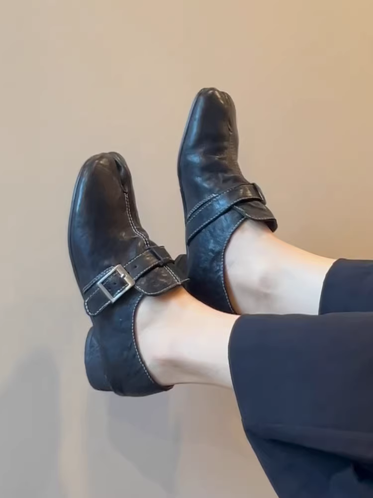 Phiên bản da cừu ~ Giày mũi chia đôi thiết kế khóa thắt lưng dành cho nữ, giày da mềm kiểu dáng cổ điển phong cách văn học