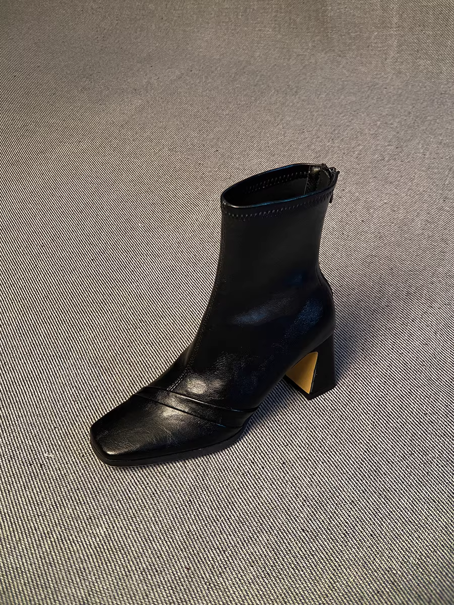 Phiên bản da bò ~ Giày bốt cao gót mũi vuông đa năng tăng chiều cao dành cho nữ, giày bốt ngắn co giãn có khóa kéo phía sau kiểu Anh bằng da thật