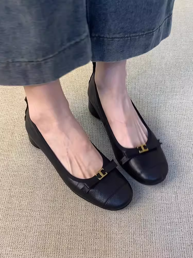 Phiên bản da cừu ~ Giày đế bằng có nơ cổ điển dành cho nữ, giày đế bệt kiểu Pháp thanh lịch kiểu Pháp, giày Mary Jane da thật kiểu Pháp