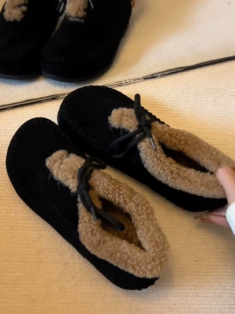 Phiên bản da cừu ~ Giày Birkenstock đế mềm lót lông cừu thời trang thu đông dành cho nữ với thiết kế dệt, bốt cotton cổ sâu có dây buộc lót lông cừu