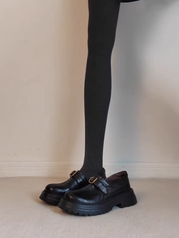 Phiên bản da cừu ~ Giày da đế dày thời trang phong cách cổ điển dành cho nữ có khóa thắt lưng, giày lười đi làm bằng da thật kiểu dáng độc đáo