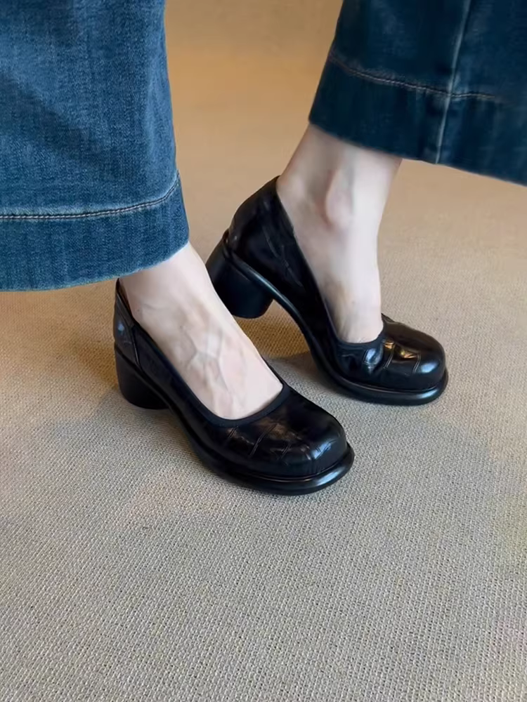 Phiên bản da cừu ~ Giày da thật cổ nông kiểu cổ điển dành cho nữ, mũi tròn, gót dày, giày Mary Jane kiểu dáng Anh, giày da nhỏ kiểu Anh