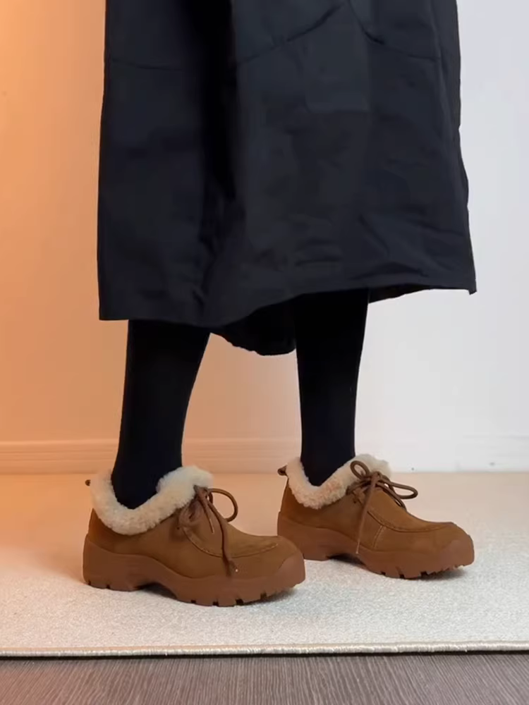 Phiên bản da cừu ~ Giày lông cừu đế dày bằng da lộn thời trang mùa đông dành cho nữ, giày lười đi làm đơn giản có dây buộc lót lông cừu