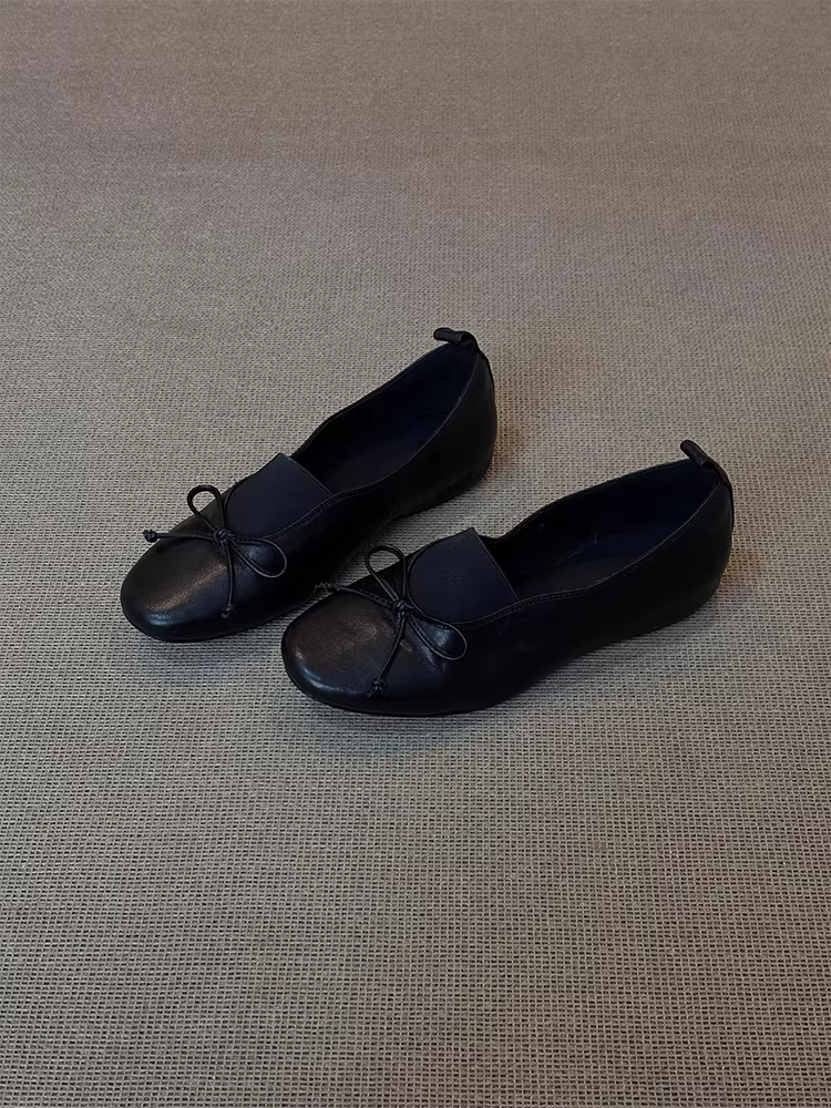 Phiên bản da cừu ~ giày bà ngoại da thật đế mềm cổ điển dành cho nữ, kiểu lười có nơ, phong cách cổ điển, giày da mũi tròn độc đáo