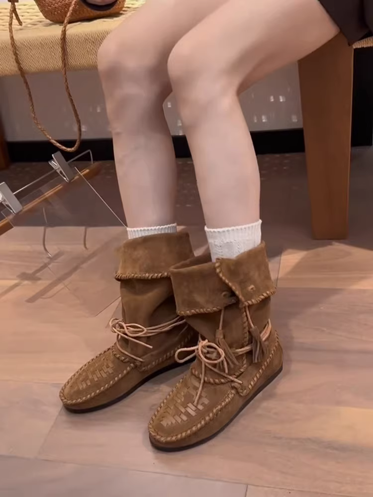 Phiên bản da bò ~ Giày bốt da dệt kiểu miền Tây, thiết kế độc đáo, chất liệu da mờ, dành cho nữ, kiểu buộc dây Melard, tua rua xếp ly, đế cao.