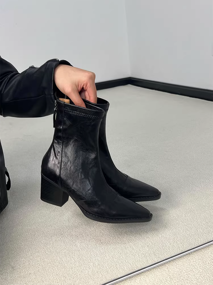 Phiên bản da cừu ~ Giày bốt da thật kiểu tối giản kiểu Pháp dành cho nữ, mũi nhọn, gót dày thanh lịch, khóa kéo phía sau, bốt ngắn co giãn