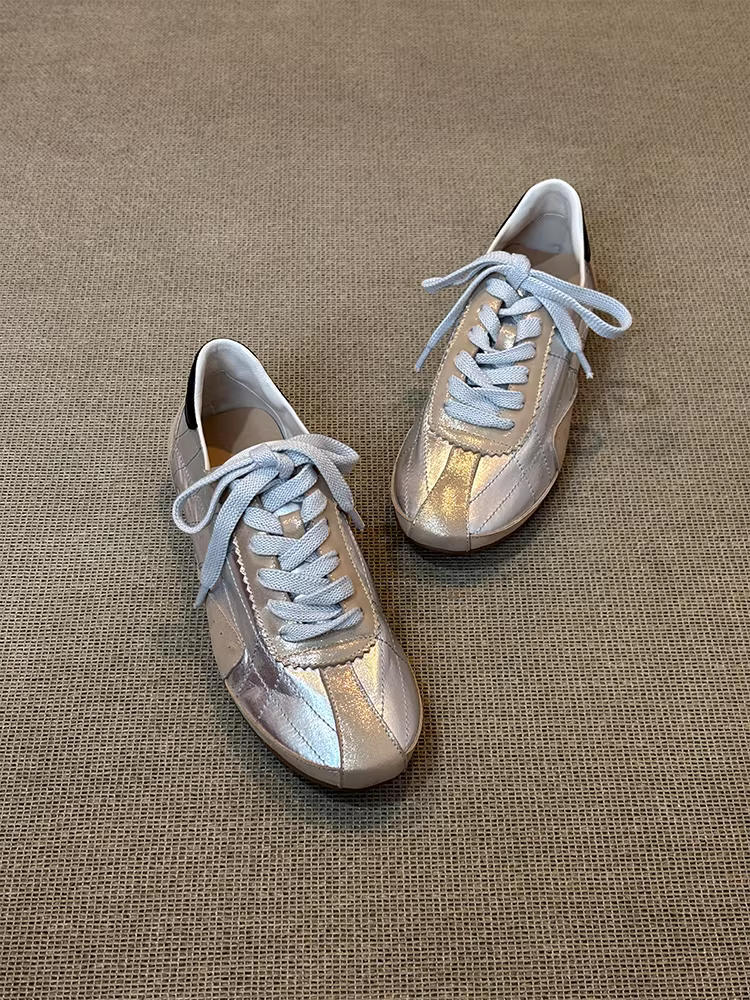 Phiên bản da cừu ~ Giày thể thao thông thường kiểu Pháp dành cho nữ, giày thể thao thời trang mũi tròn đế bằng có dây buộc đa năng