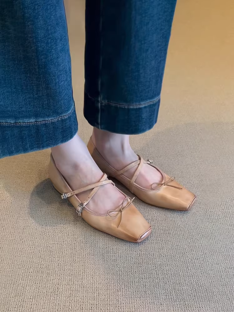 Phiên bản da cừu ~ Giày ba lê da thật có khóa chéo nghệ thuật cổ điển dành cho nữ, mũi vuông, miệng nông, nơ, giày Mary Jane đế bằng