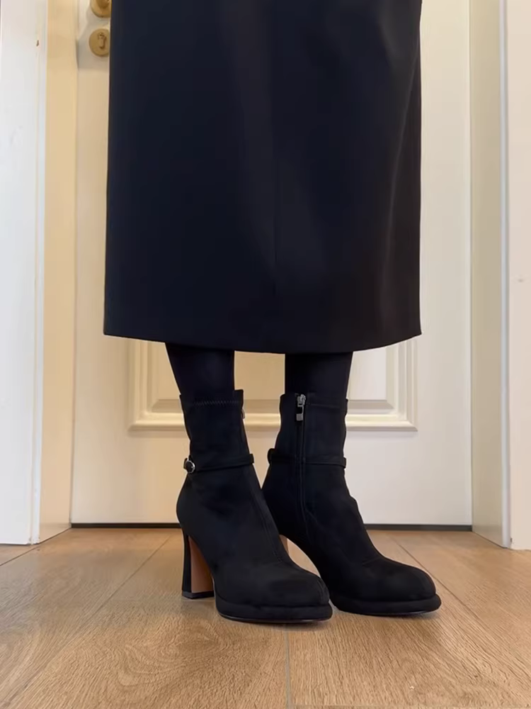 Phiên bản da bò ~ Giày bốt mỏng bằng da thật mờ dành cho nữ, giày bốt Martin cao gót có khóa kéo bên hông kiểu cổ điển với đế chống thấm nước, bốt ngắn màu đen.