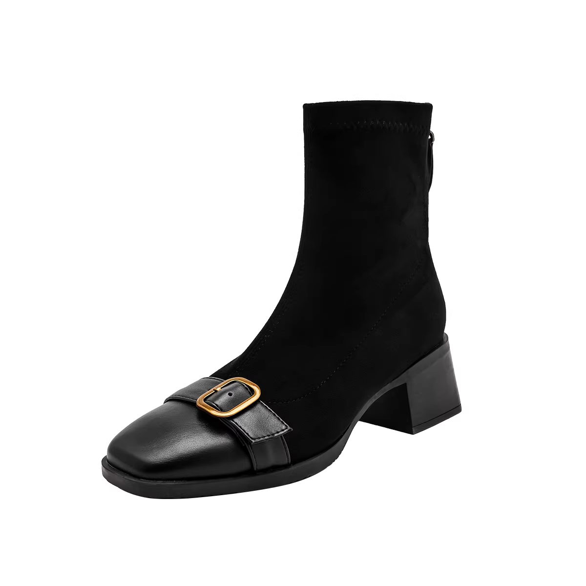 Giày bốt nữ da lộn kiểu dáng cổ điển, mũi vuông, có khóa thắt lưng, chất liệu da lộn, kiểu dáng ôm sát, đa năng, phong cách Anh, gót dày, cổ ngắn