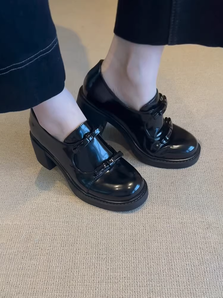 Phiên bản da cừu ~ Giày lười cao gót bằng da sáng chế dành cho nữ, giày đơn gót nhọn thắt nơ thanh lịch kiểu Pháp, giày da đen phong cách Anh