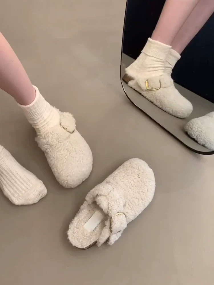 Phiên bản da cừu ~ Giày Birkenstock đế bằng tích hợp lông thú kiểu Pháp dành cho nữ, kiểu lười có khóa thắt lưng, kiểu nửa mules lót lông cừu, giày mũi kín dành cho mùa đông.