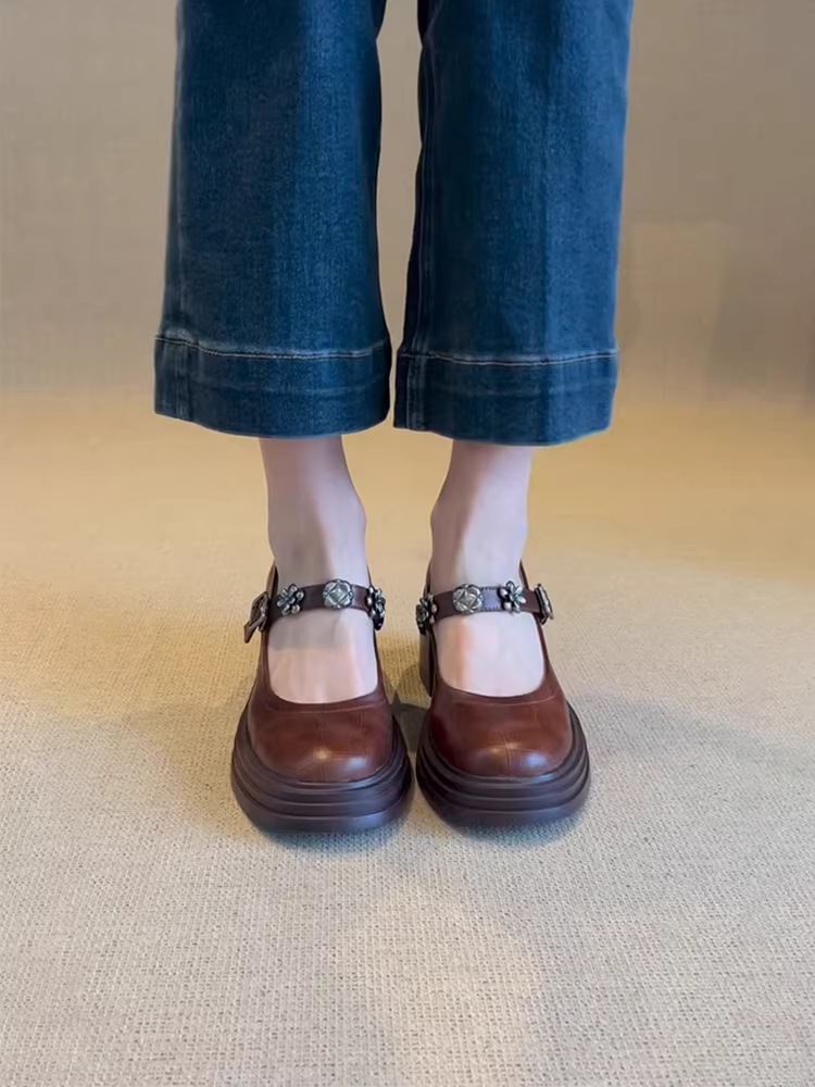 Phiên bản da bò ~ Giày cao gót Mary Jane kiểu Pháp có khóa, da thật, tăng chiều cao, đa năng, giày da nữ kiểu dáng mới