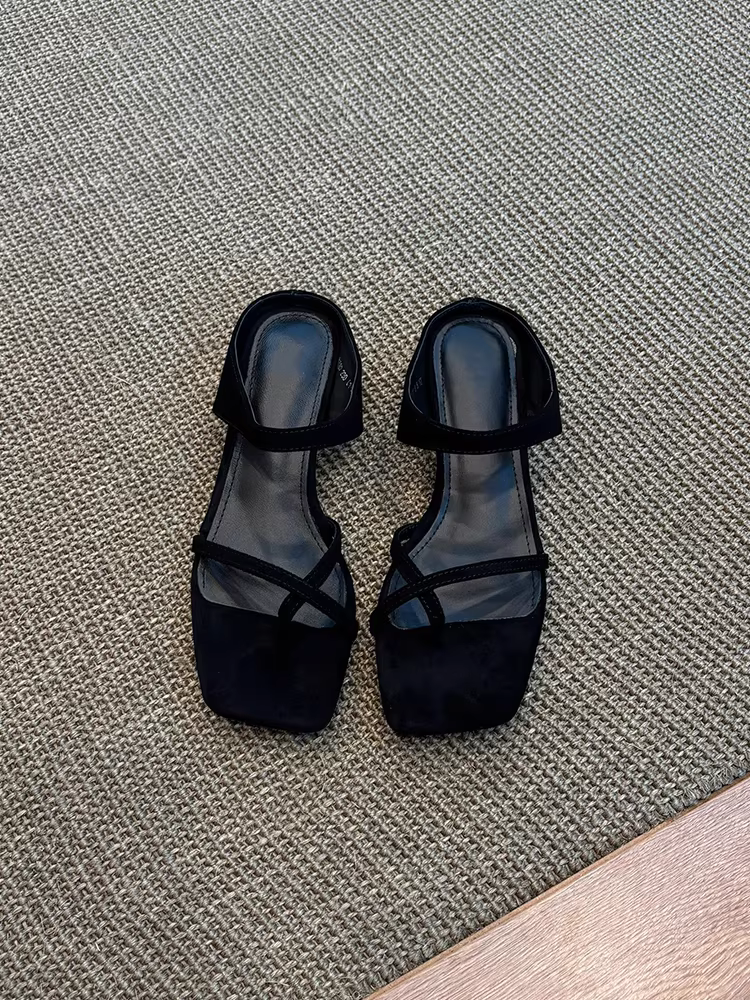 Phiên bản da cừu ~ Dép quai ngang đơn giản bằng da thật dành cho nữ, dép mùa hè kiểu cổ điển mũi vuông gót cao đế xuồng đi ngoài trời