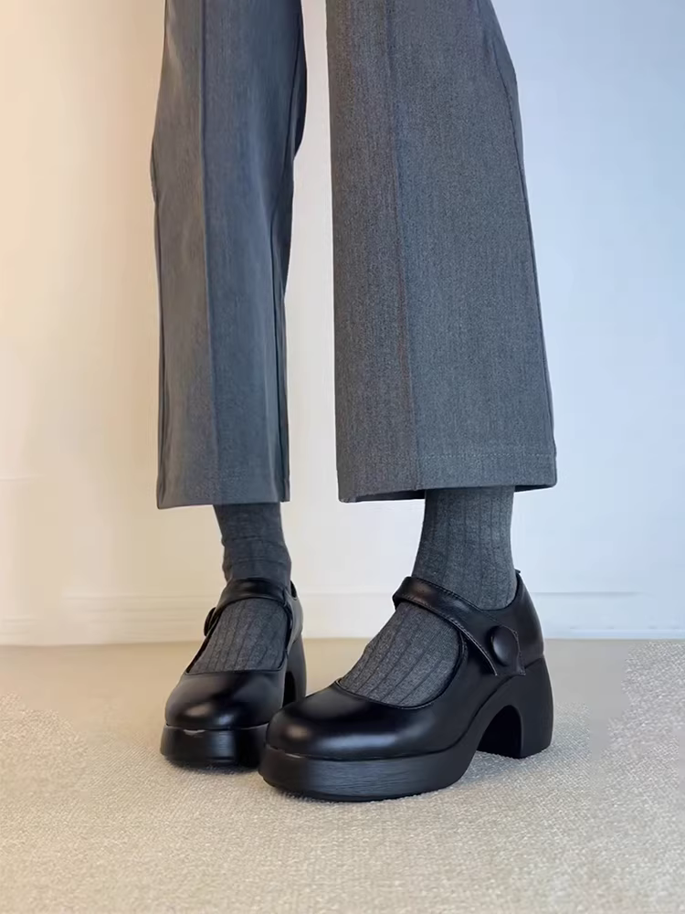 Phiên bản da cừu ~ Giày Mary Jane cao gót có khóa, giày da đế dày tăng chiều cao, giày đơn mũi tròn da thật đa năng dành cho nữ