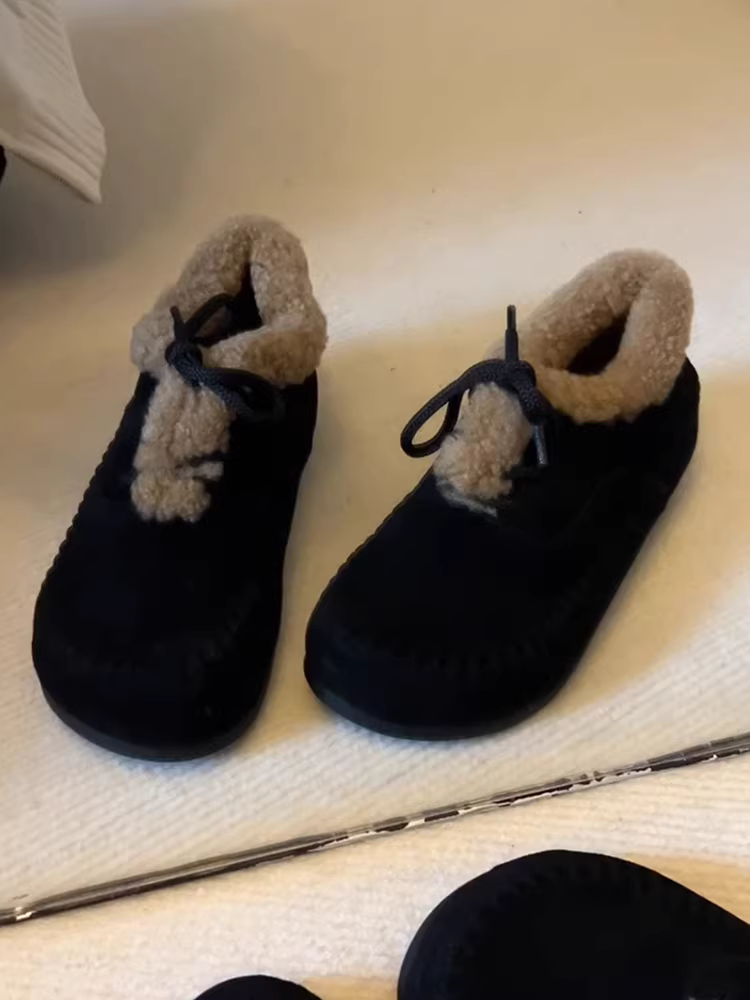 Phiên bản da cừu ~ Giày Birkenstock đế mềm lót lông cừu thời trang thu đông dành cho nữ với thiết kế dệt, bốt cotton cổ sâu có dây buộc lót lông cừu