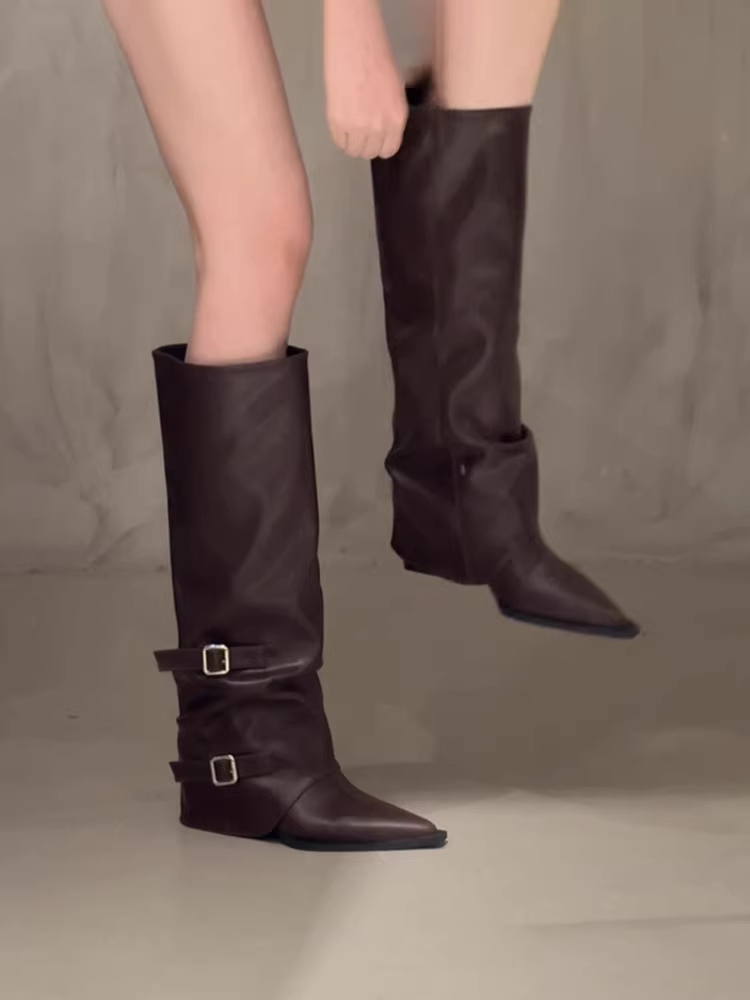 Phiên bản da cừu ~ Giày bốt cao gót kiểu Âu Mỹ dành cho nữ có khóa thắt lưng, mũi nhọn, bốt dài thanh lịch và thời trang, bốt cưỡi ngựa cổ điển.
