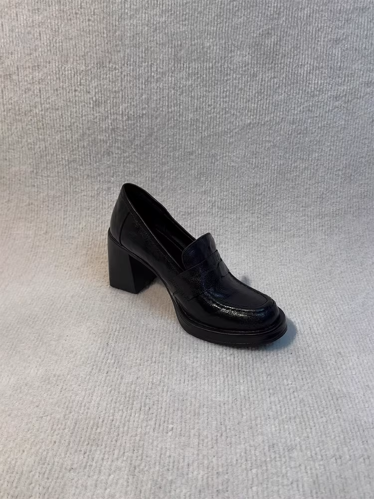 Phiên bản da cừu ~ Giày lười da thật cao gót phong cách đại học dành cho nữ, mũi tròn kiểu Anh, giày đế thô kiểu dáng slip-on, giày da nhỏ kiểu JK