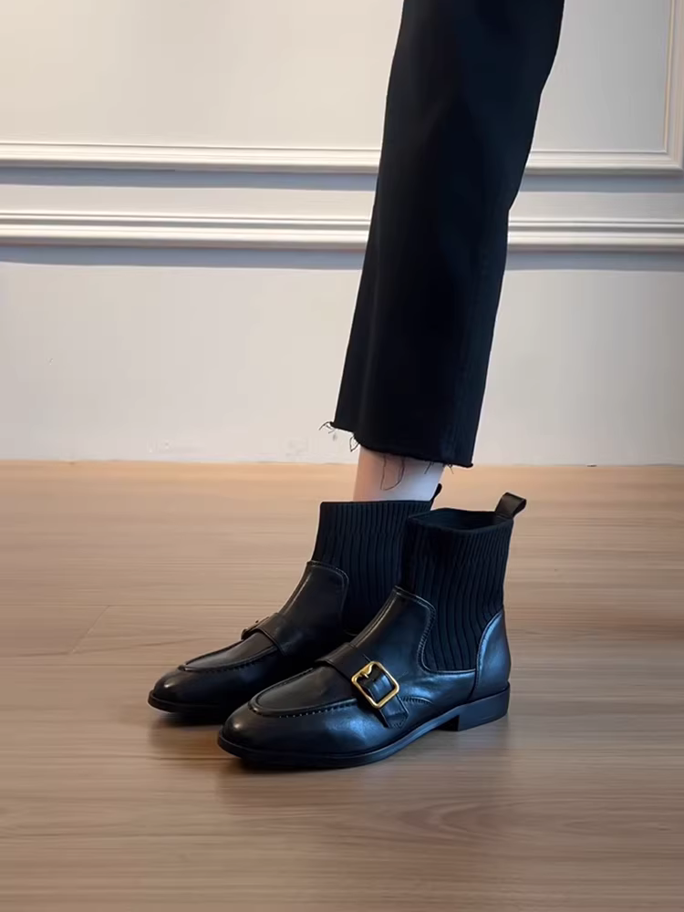 Phiên bản da bò ~ Giày bốt đế thấp có khóa da thật phong cách Anh Pháp dành cho nữ, giày bốt cổ ngắn co giãn kiểu dáng ôm dáng đi làm
