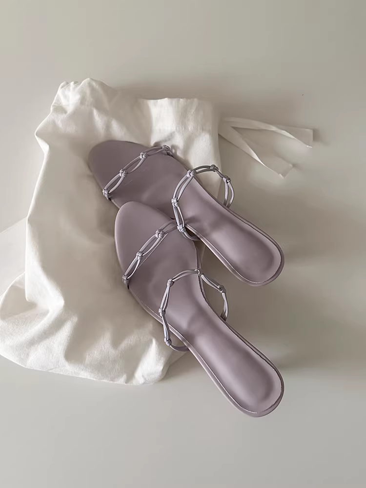 Phiên bản da cừu ~ Dép cao gót có dây đeo dệt theo phong cách tối giản dành cho nữ, mũi tròn, hở mũi, dép da thật đa năng kiểu cổ tích