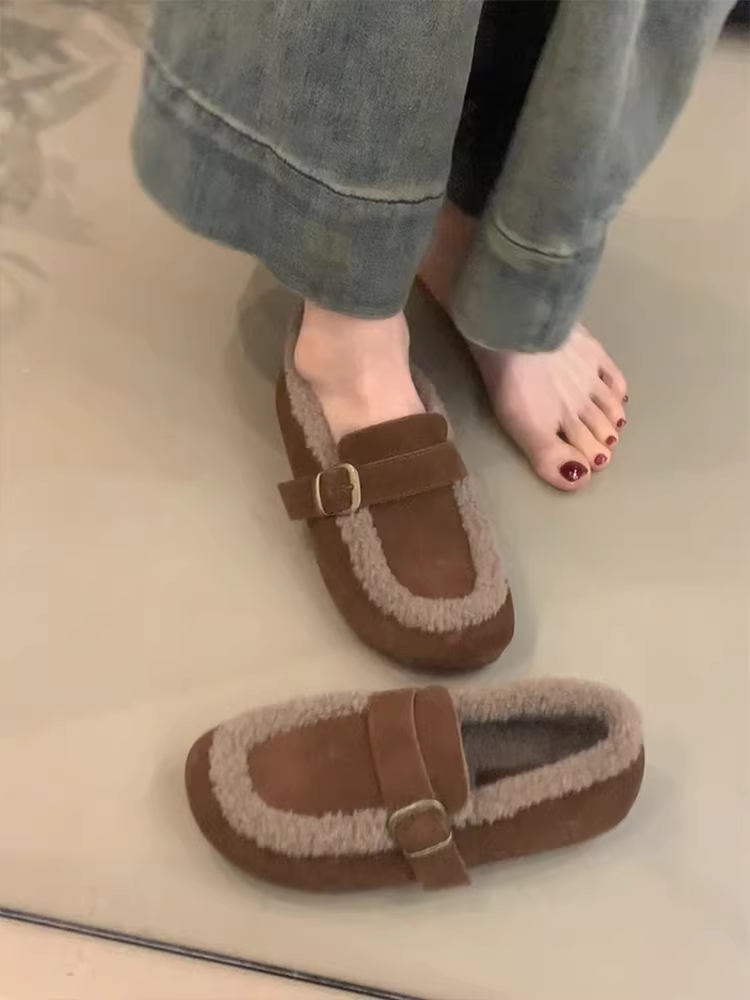 Phiên bản da cừu ~ Giày da thật có dây đeo khóa mùa đông lót lông cừu ấm áp bằng vải cotton dành cho nữ, giày đế bằng mũi tròn kiểu Birkenstock