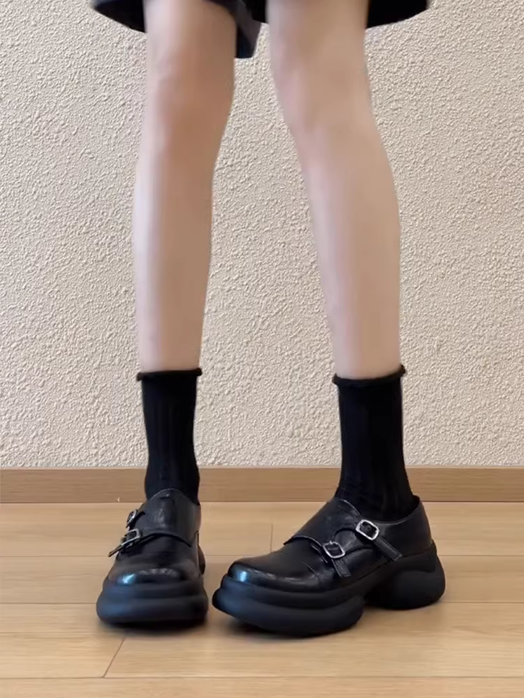 Phiên bản da cừu ~ Giày lười kiểu dáng thể thao cỡ nhỏ dành cho nữ, giày da thật đế dày tăng chiều cao kiểu dáng thể thao, mũi tròn, giày da nhỏ