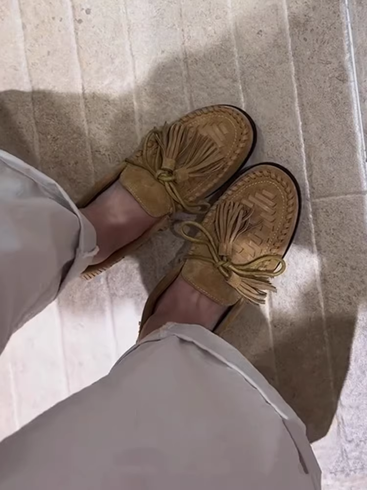 Phiên bản da cừu ~ giày lười có dây buộc nơ tua rua dành cho nữ, giày da lộn kiểu cổ điển, giày da thường ngày