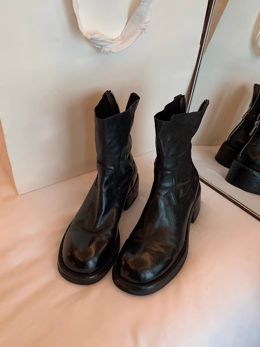 Phiên bản da bò ~ Giày bốt cổ ngắn mũi tròn cổ điển, gót dày, giúp thon gọn dáng người dành cho nữ, giày Martin làm thủ công bằng da thật đã qua xử lý, giày Chelsea dáng ôm.