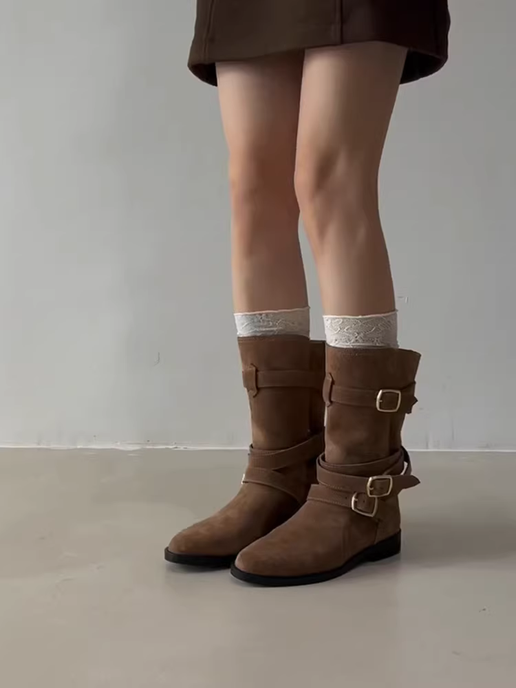 Phiên bản da bò ~ Giày bốt da mờ có khóa thắt lưng Melard dành cho nữ, giày bốt cổ ngắn đa năng kiểu dáng cổ điển, gót thấp, tôn dáng