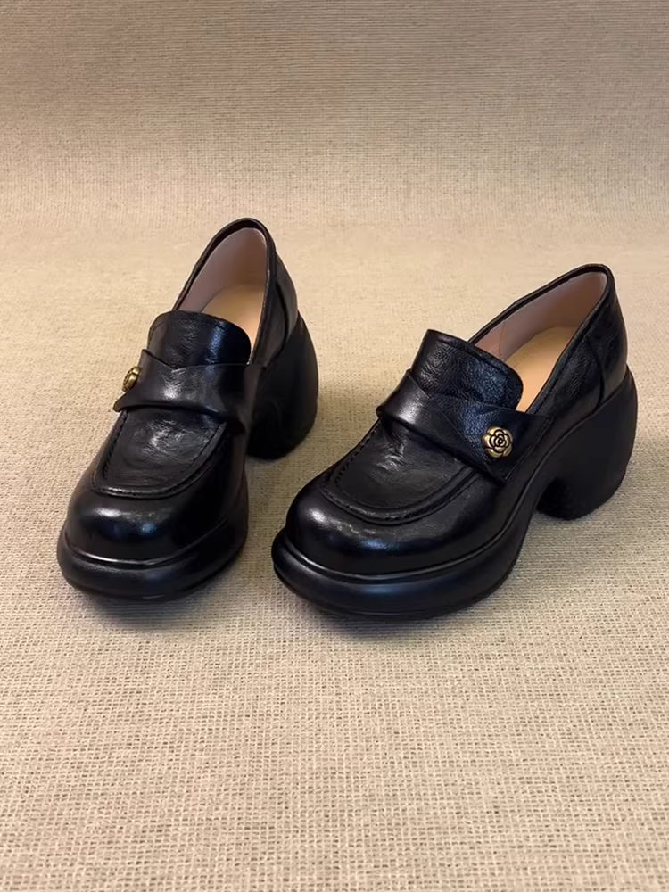 Phiên bản da cừu ~ Giày lười da thật màu đen cổ điển đa năng dành cho phụ nữ nhỏ nhắn, giày da đế dày kiểu camellia dễ mang