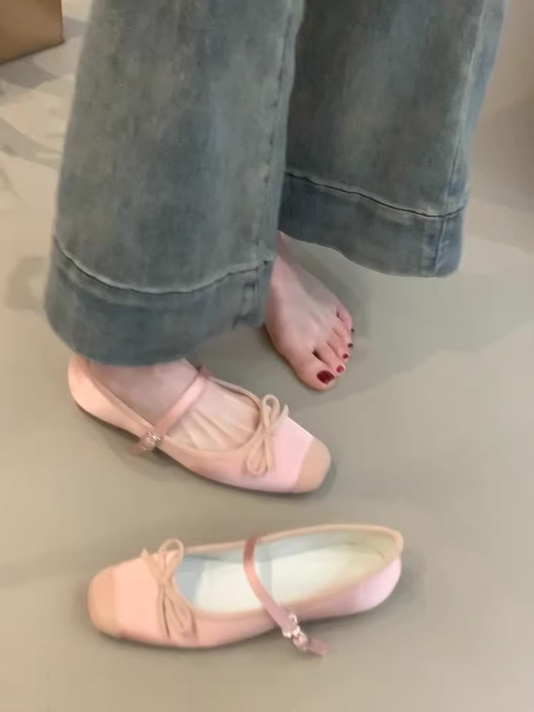 Phiên bản da cừu ~ Giày Mary Jane đế bằng kiểu Chanel dành cho nữ, mẫu mới có nơ, khí chất dịu dàng, giày mũi vuông