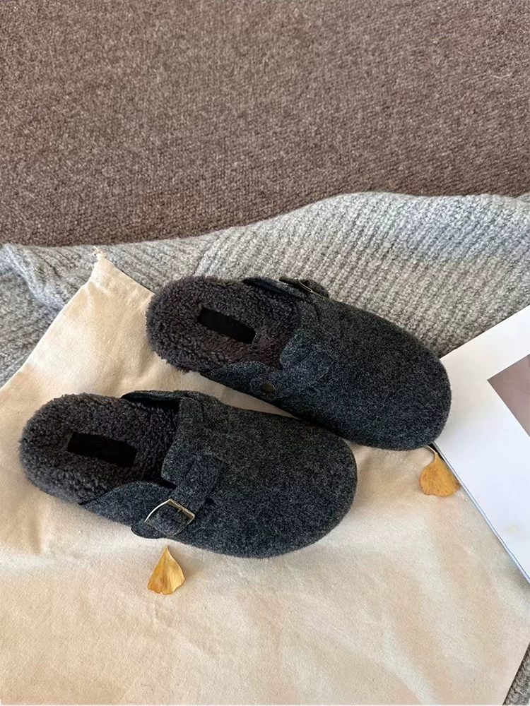 Phiên bản da cừu ~ Giày Birkenstock đế bằng đơn giản dành cho nữ với lớp lót lông mềm, giày lười mũi kín kiểu retro bằng chất liệu da lộn