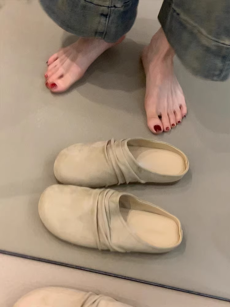 Phiên bản da cừu ~ giày lười đa năng kiểu cổ điển dành cho nữ, giày nửa dép bằng da lộn, giày Birkenstock mũi tròn xếp ly