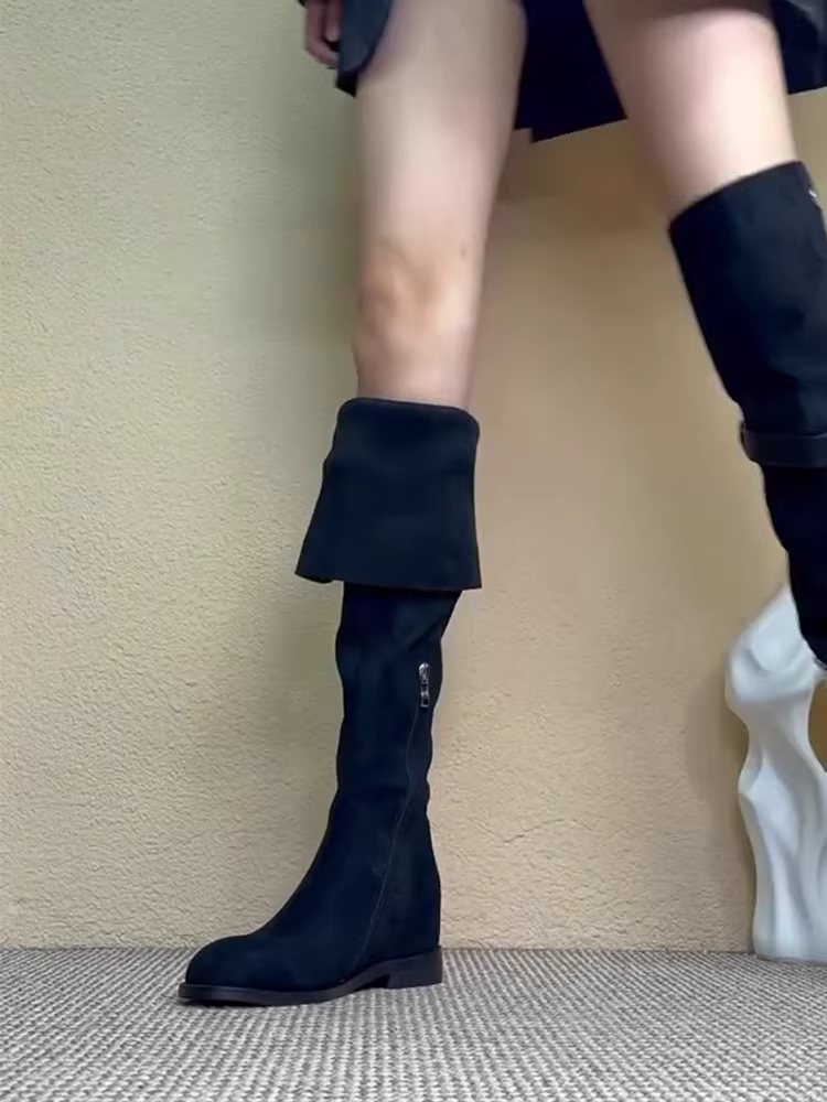 Phiên bản da bò ~ Giày bốt nữ cao quá đầu gối có tăng chiều cao bên trong, da lộn thật, kiểu dáng đa năng, đế dày, có khóa, bốt cưỡi ngựa màu đen.