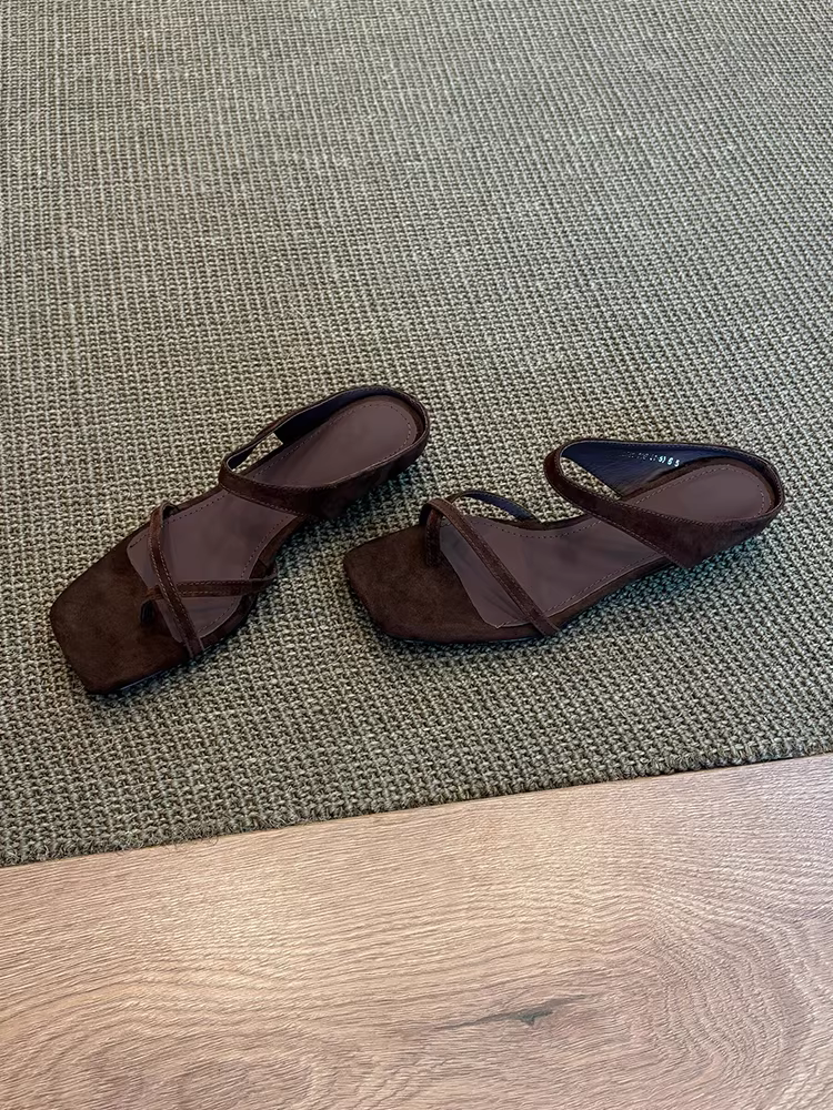 Phiên bản da cừu ~ Dép quai ngang đơn giản bằng da thật dành cho nữ, dép mùa hè kiểu cổ điển mũi vuông gót cao đế xuồng đi ngoài trời