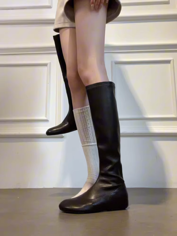 Phiên bản da bò ~ Giày bốt dài nữ, kiểu cổ điển và đơn giản, có khóa kéo phía sau, bốt ôm sát co giãn, tăng chiều cao, mũi tròn, bốt thời trang thon gọn.