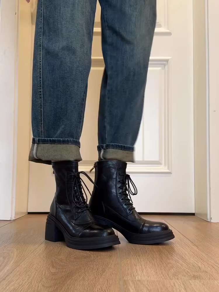 Phiên bản da bò ~ Giày bốt Martin đế dày cao gót đa năng, phong cách dành cho nữ, giày bốt ngắn có dây buộc bằng da thật không thấm nước có dây kéo bên hông