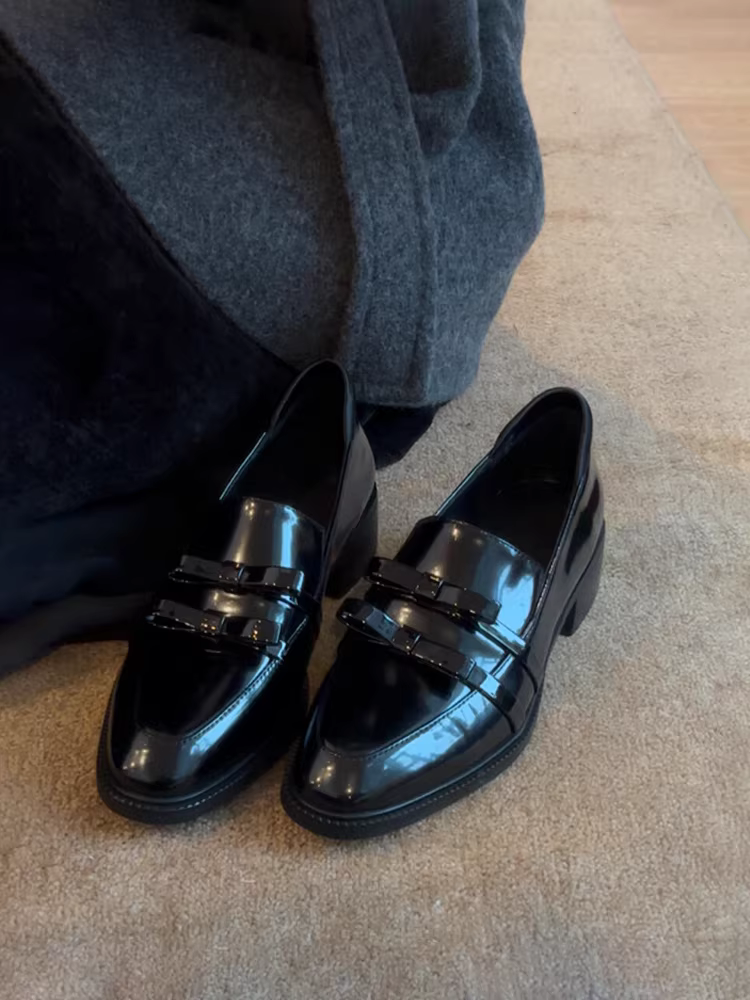 Giày lười nữ da thật kiểu Anh, đế dày, chất liệu da cừu, kiểu dáng retro, nơ trang trí, giày đơn giản, thanh lịch, kiểu JK, giày da nhỏ nhắn.