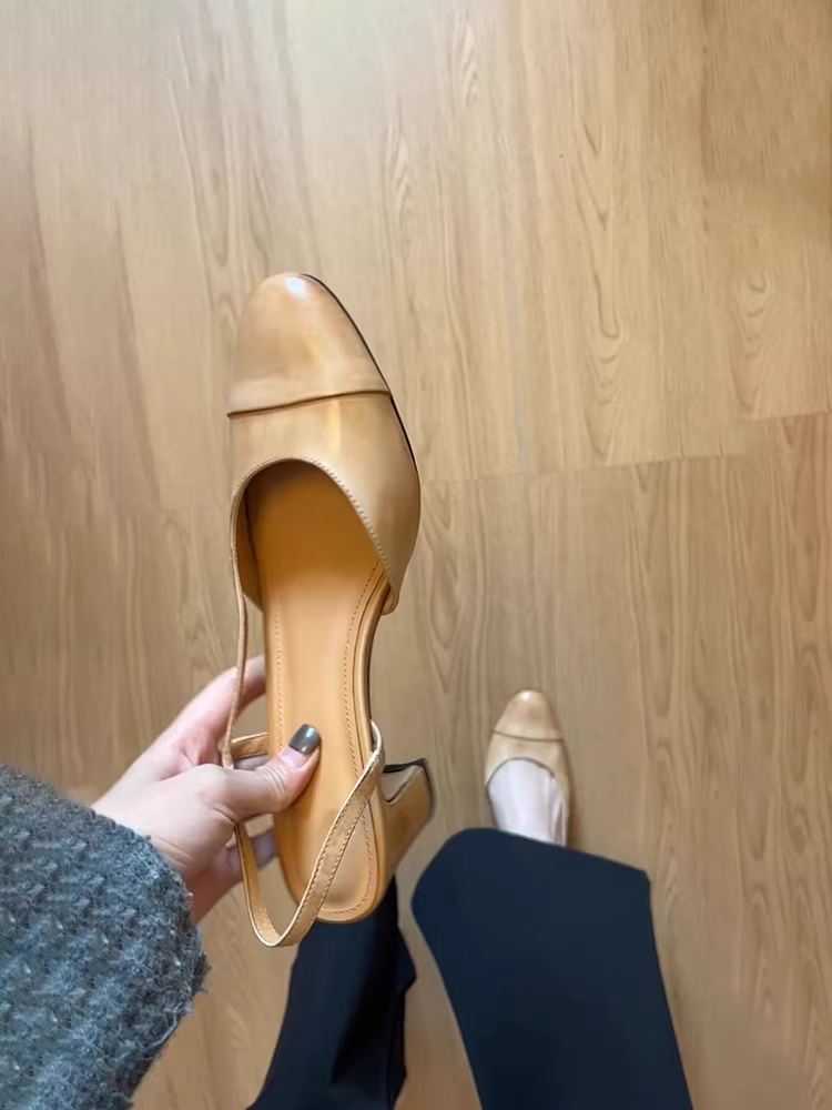 Phiên bản da cừu ~ Giày sandal cao gót kiểu dáng cổ điển kiểu Pháp dành cho nữ, mũi tròn, quai sau, giày mũi kín bằng da thật