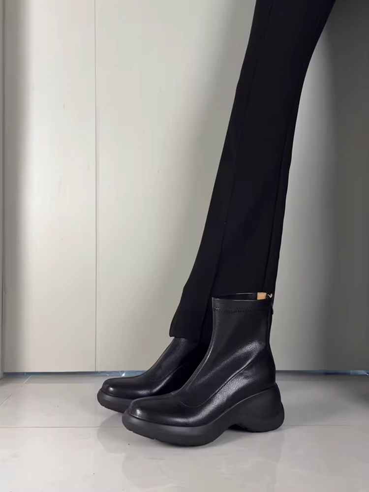 Phiên bản da bò ~ Giày bốt Martin đế dày tăng chiều cao theo phong cách retro dành cho nữ, giày bốt ngắn co giãn có khóa kéo phía sau bằng da thật đơn giản