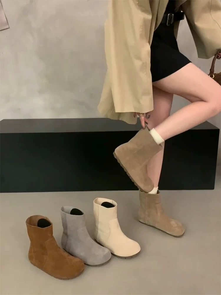 Phiên bản da bò ~ Giày Birkenstock da mờ phong cách retro tối giản dành cho nữ, mũi tròn, tăng chiều cao, kiểu dáng giản dị và thanh lịch, phong cách phương Tây
