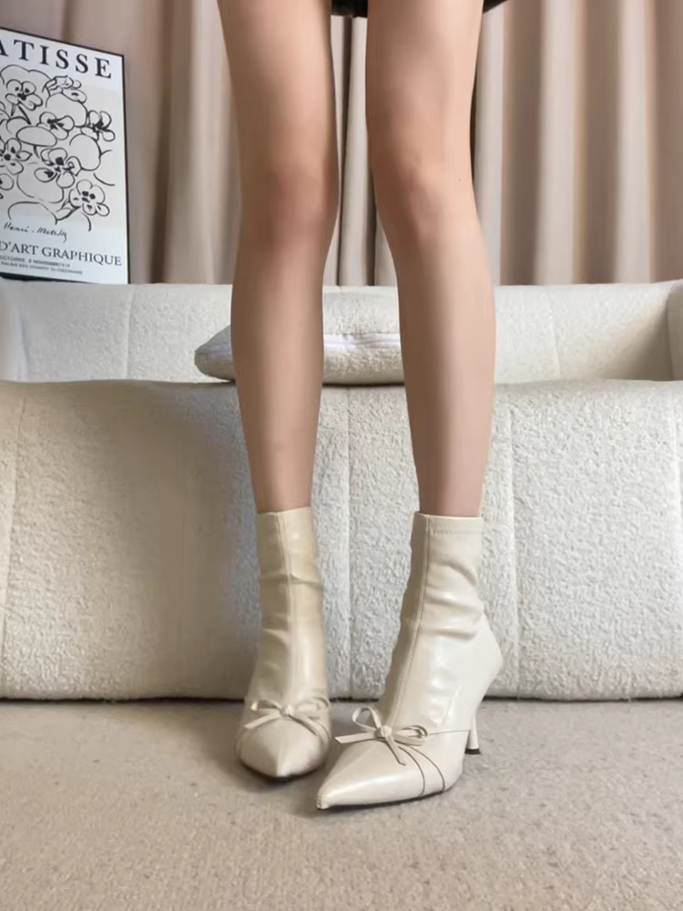 Phiên bản da bò ~ Giày cao gót nữ nhẹ nhàng và thanh lịch, phong cách Pháp, mũi nhọn, khóa kéo phía sau, nơ, kiểu dáng ôm sát.