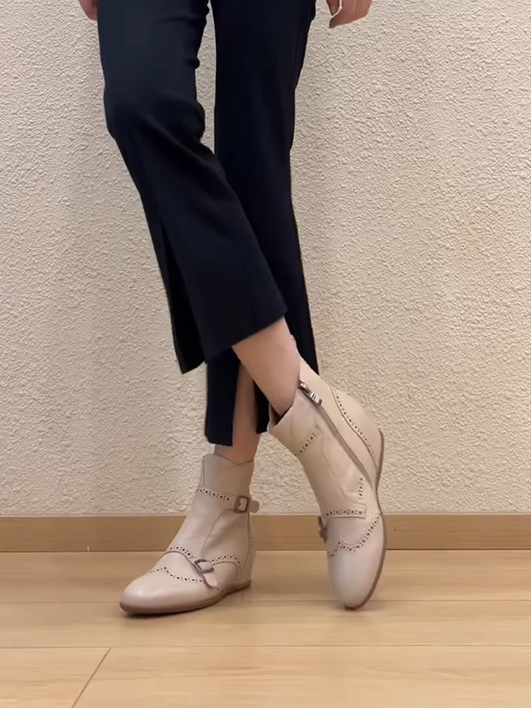 Phiên bản da bò ~ Giày bốt cổ ngắn tăng chiều cao bằng da thật kiểu Pháp dành cho nữ, giày bốt mỏng có khóa kéo bên hông thời trang độc đáo