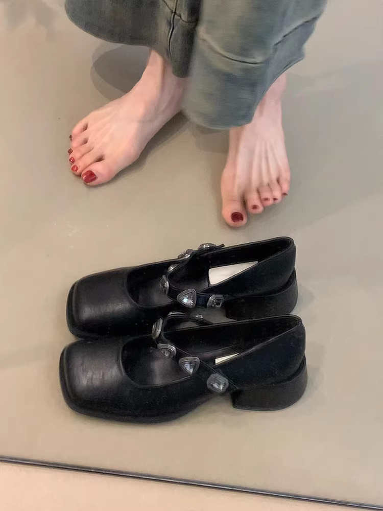 Phiên bản da cừu ~ Giày Mary Jane mũi vuông nông có khóa đính đá cho nữ, giày đơn đế dày bằng da thật màu đen cổ điển đa năng